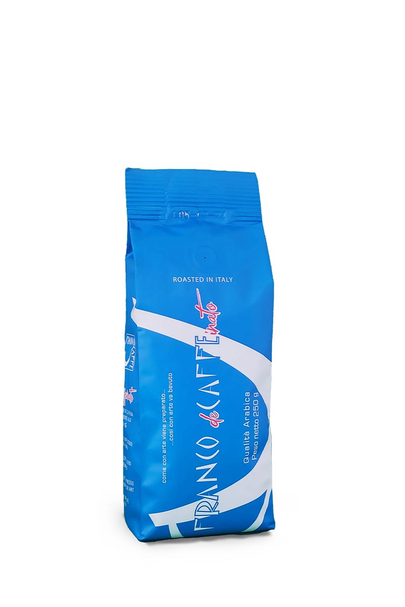 Sacchetto di caffè da 250 g in grani blu e bianco, miscela Decaffeinato Francocaffe